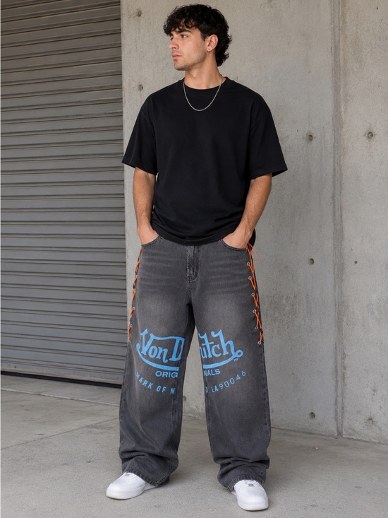 Von Dutch Other - Men's Von Dutch The Reapers Baggy Embroidered Jeans Washed Black Denim Size 36